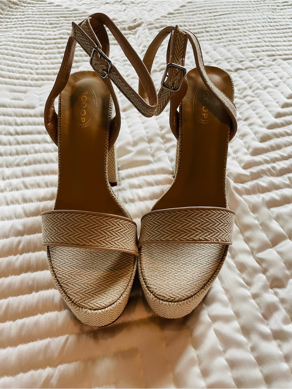 Scoop NYC Beige Woven Platform Ankle-Strap Heels
